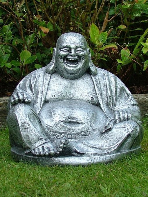 Silver garden ornament of the laughing buddha.