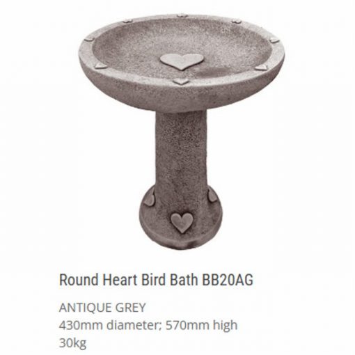 Round Heart Birdbath Antique Grey